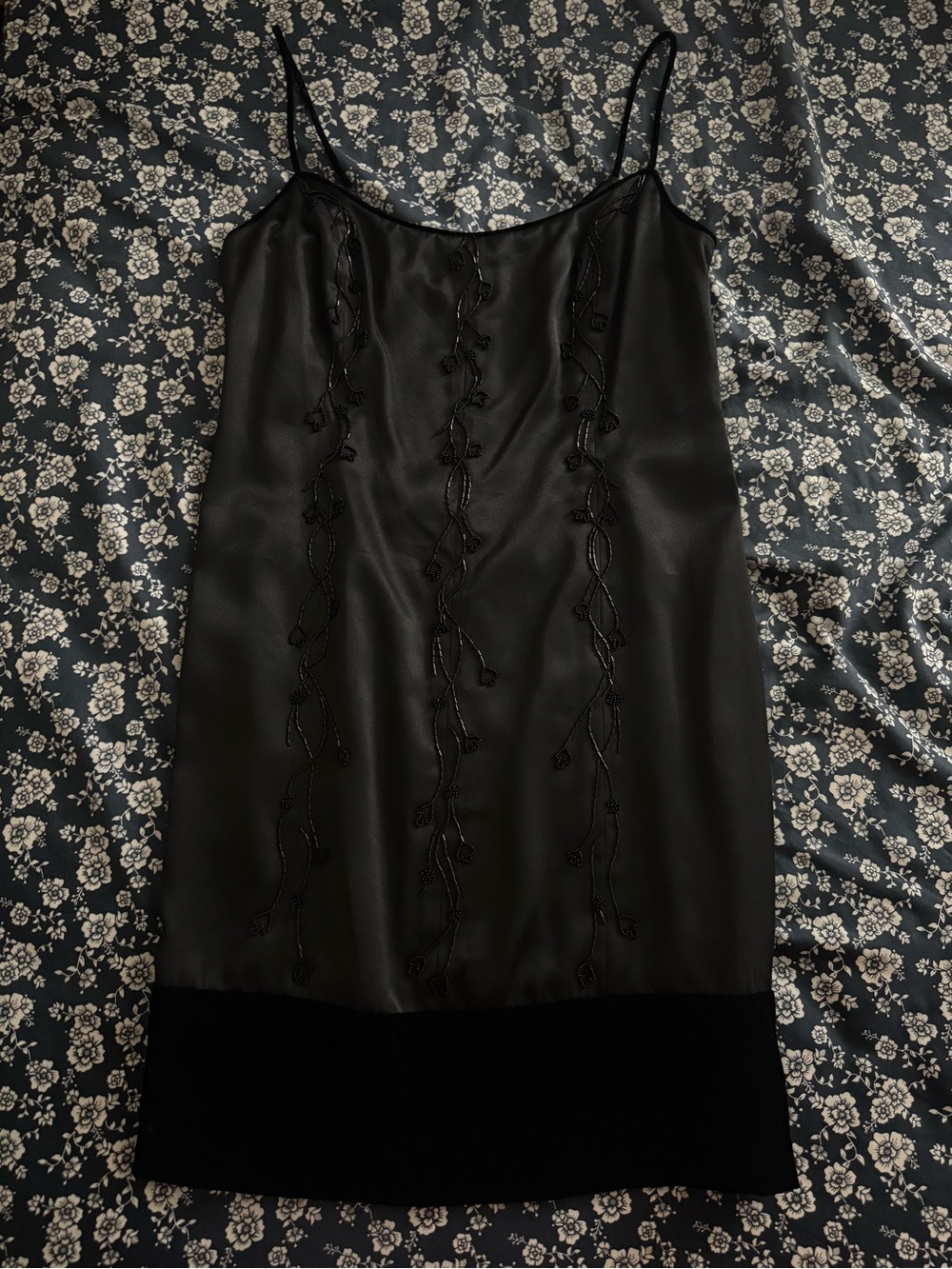 Liz Claiborne Black Satin Slip Dress with Beaded Vine Detail